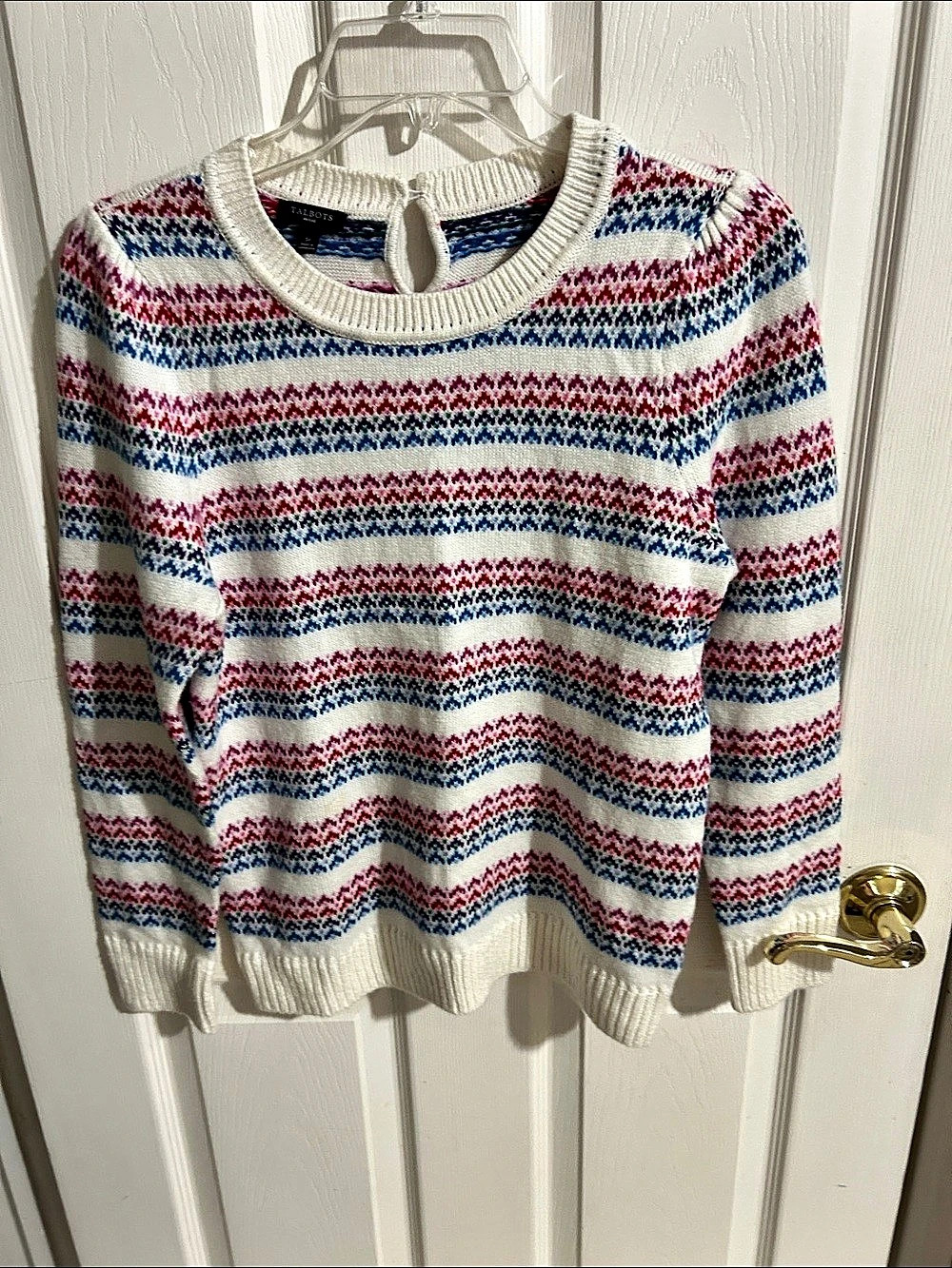 Talbots Fair Isle Crew Neck Sweater in White & Blue